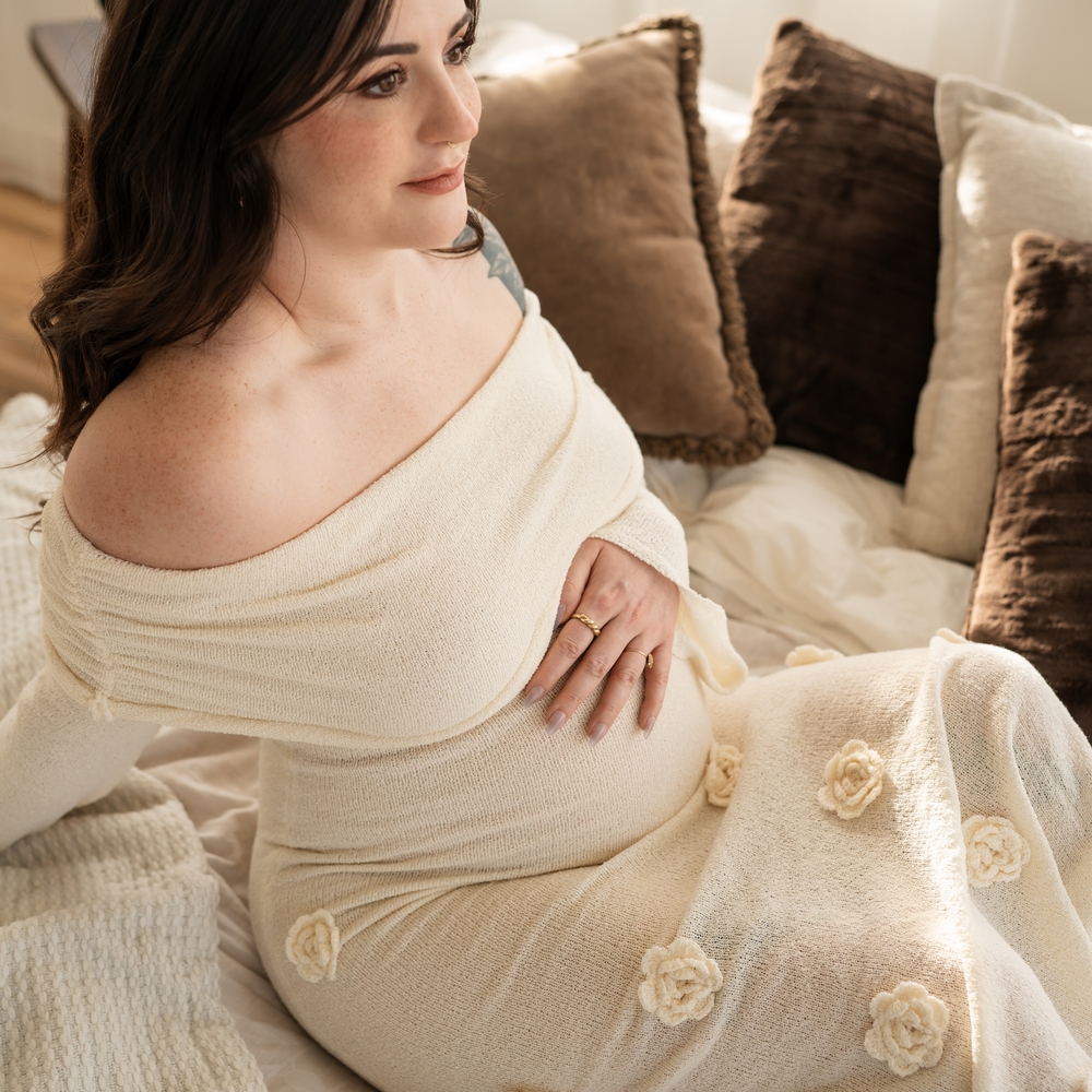Elegant Cream Off-Shoulder Maternity Dress - Picture 3 of 3